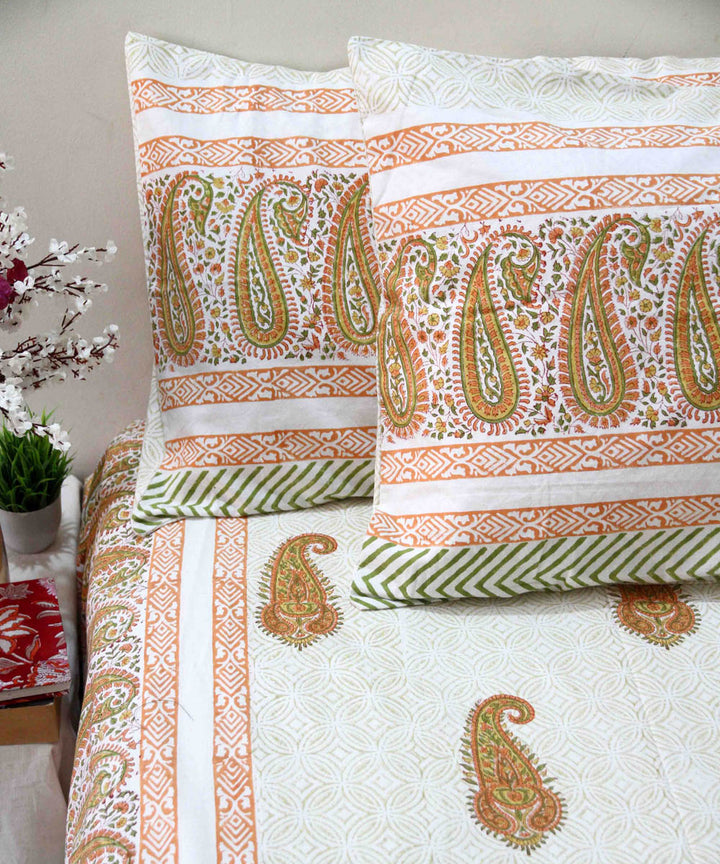 Orange white hand block printed cotton king size bedsheet