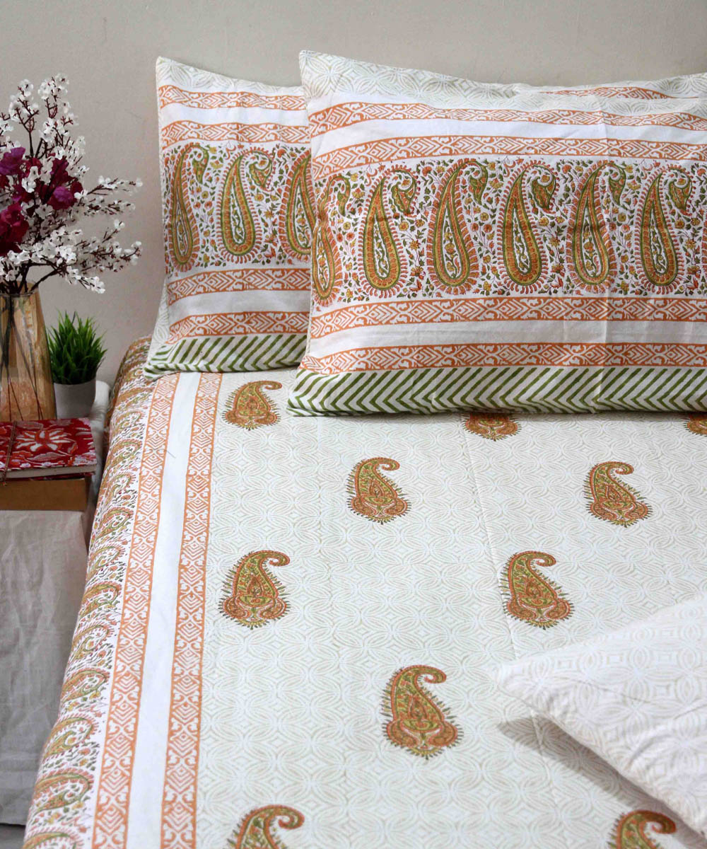 Orange white hand block printed cotton king size bedsheet