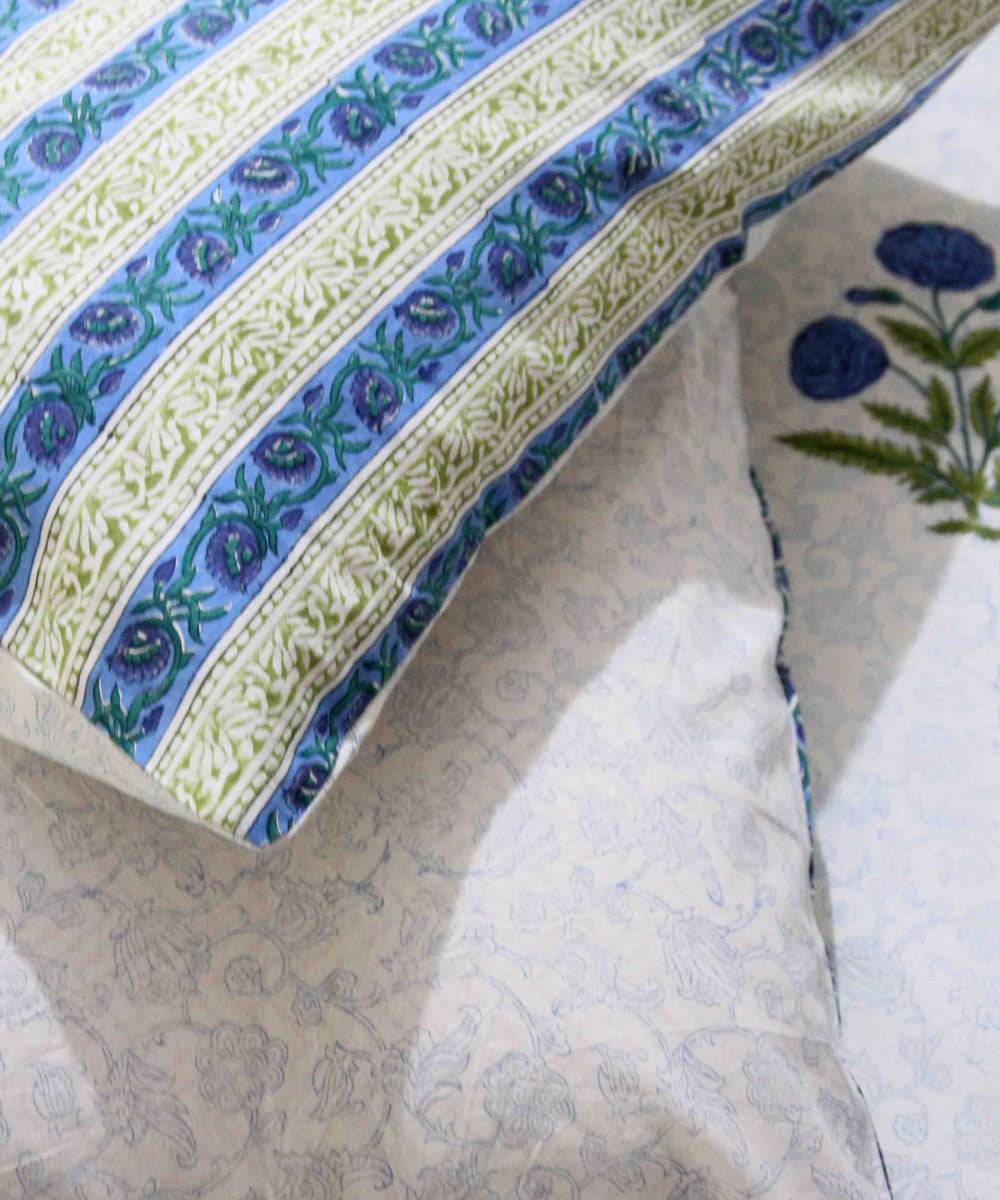 Cyan blue white hand block printed cotton king size bedsheet