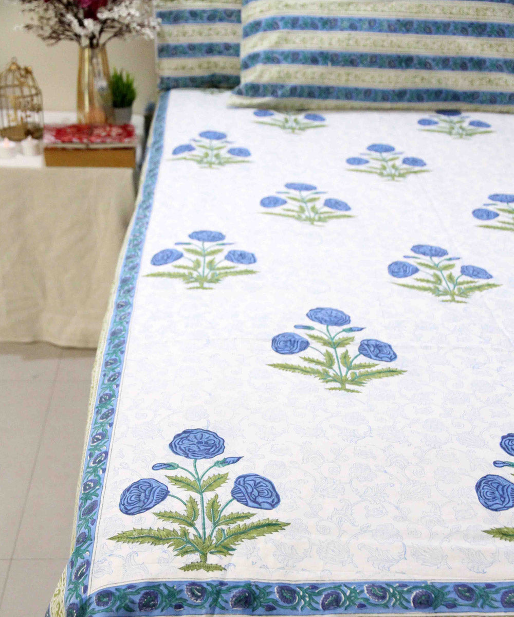 Cyan blue white hand block printed cotton king size bedsheet