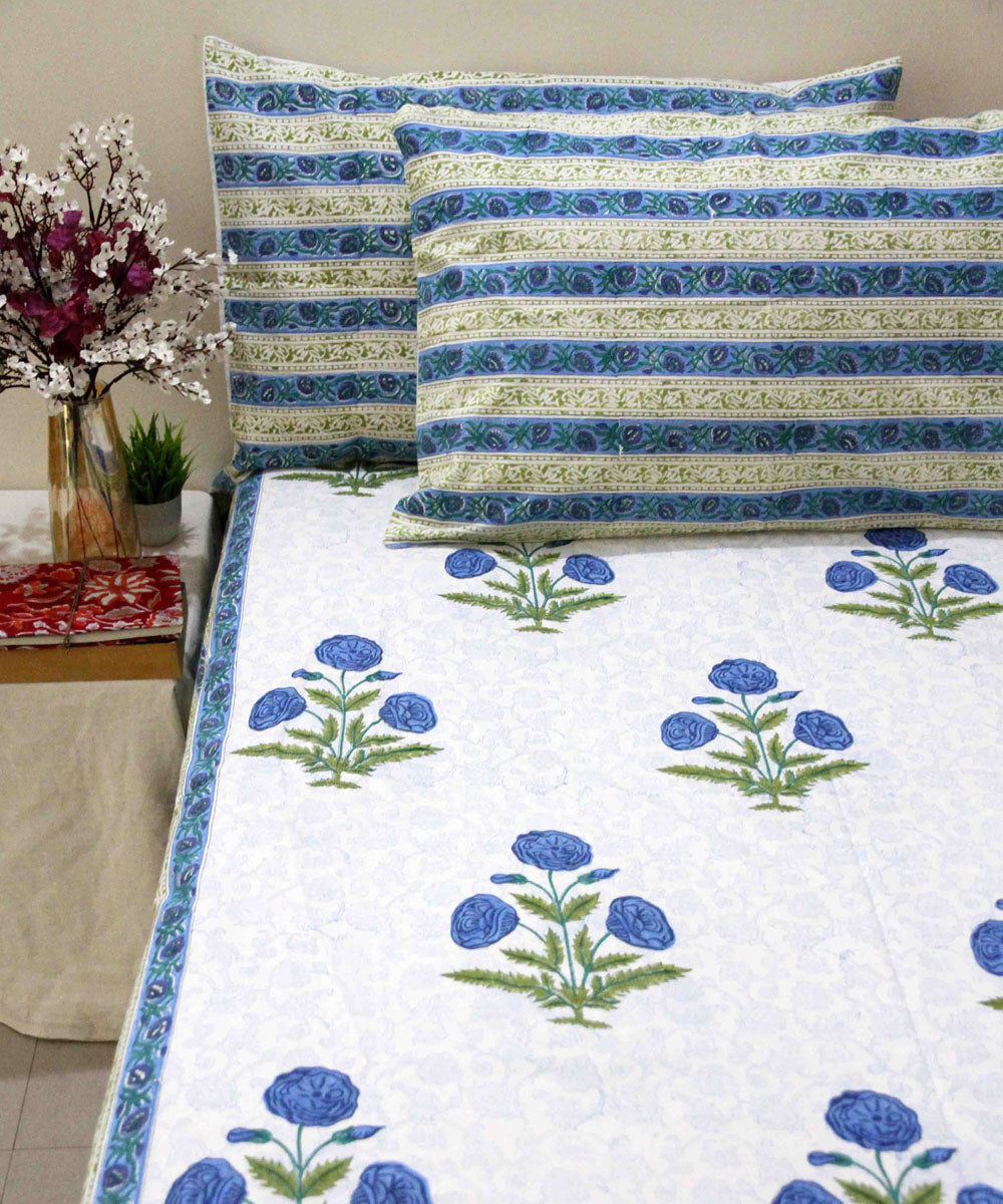 Cyan blue white hand block printed cotton king size bedsheet