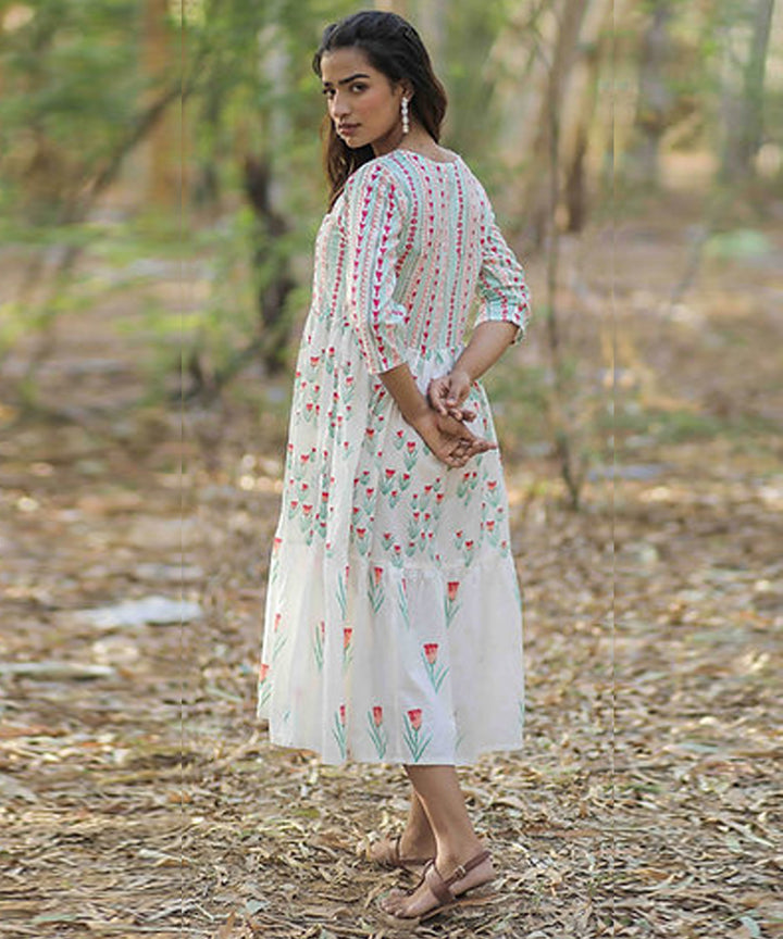 Pink tulip handblock printed cotton dress