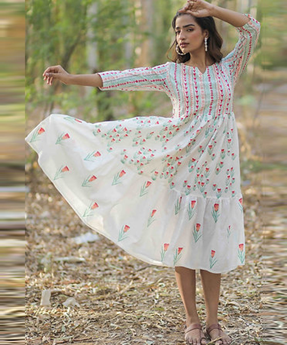 Pink tulip handblock printed cotton dress