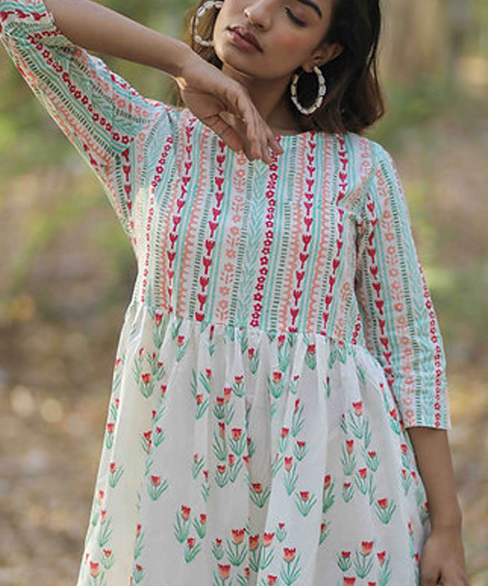 Pink tulip handblock printed cotton dress