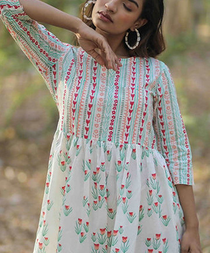 Pink tulip handblock printed cotton dress