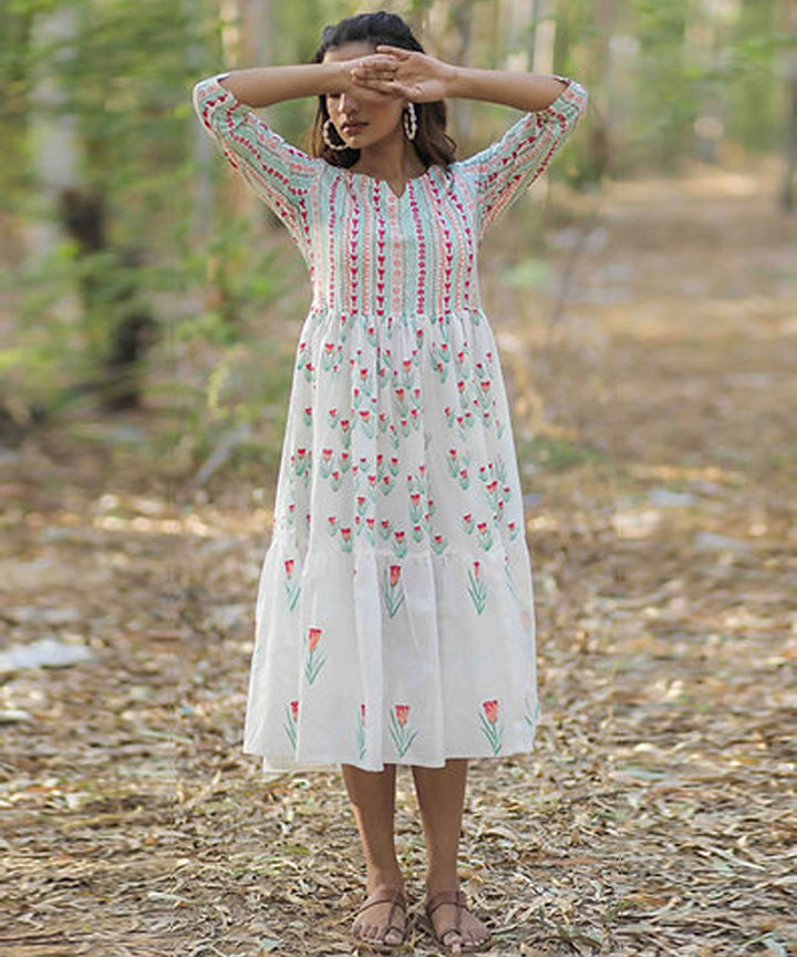 Pink tulip handblock printed cotton dress