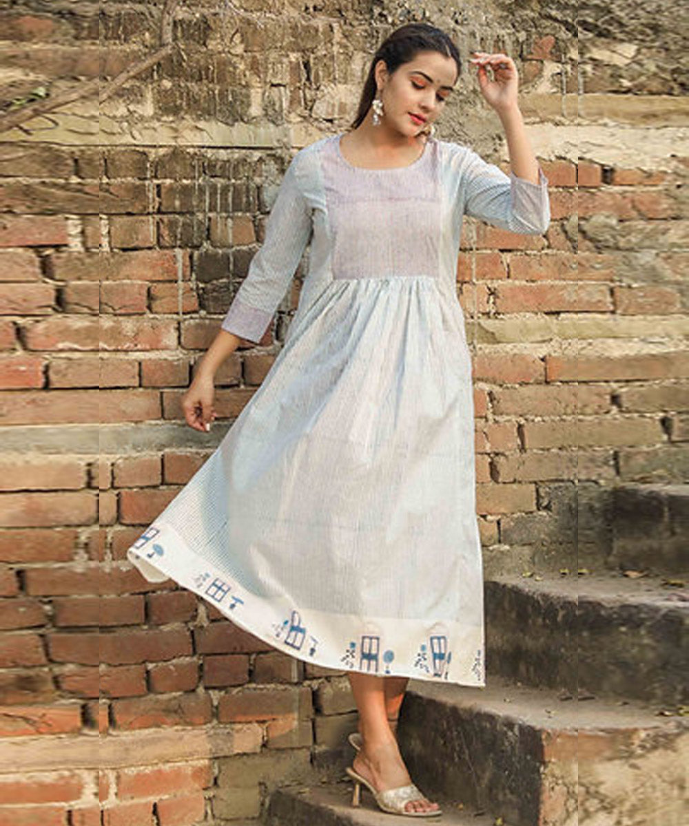 White doorway handblock printed cotton dress