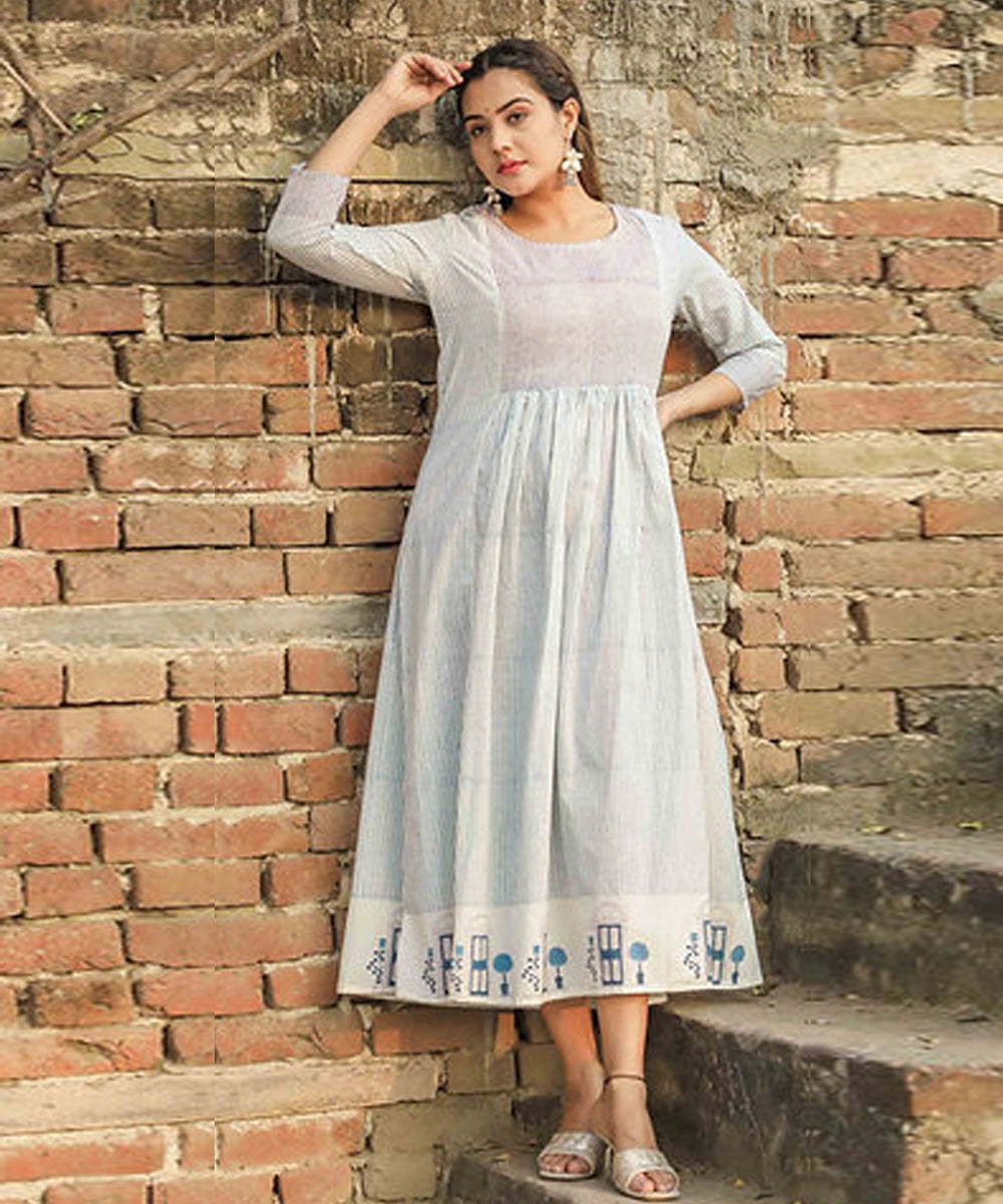 White doorway handblock printed cotton dress
