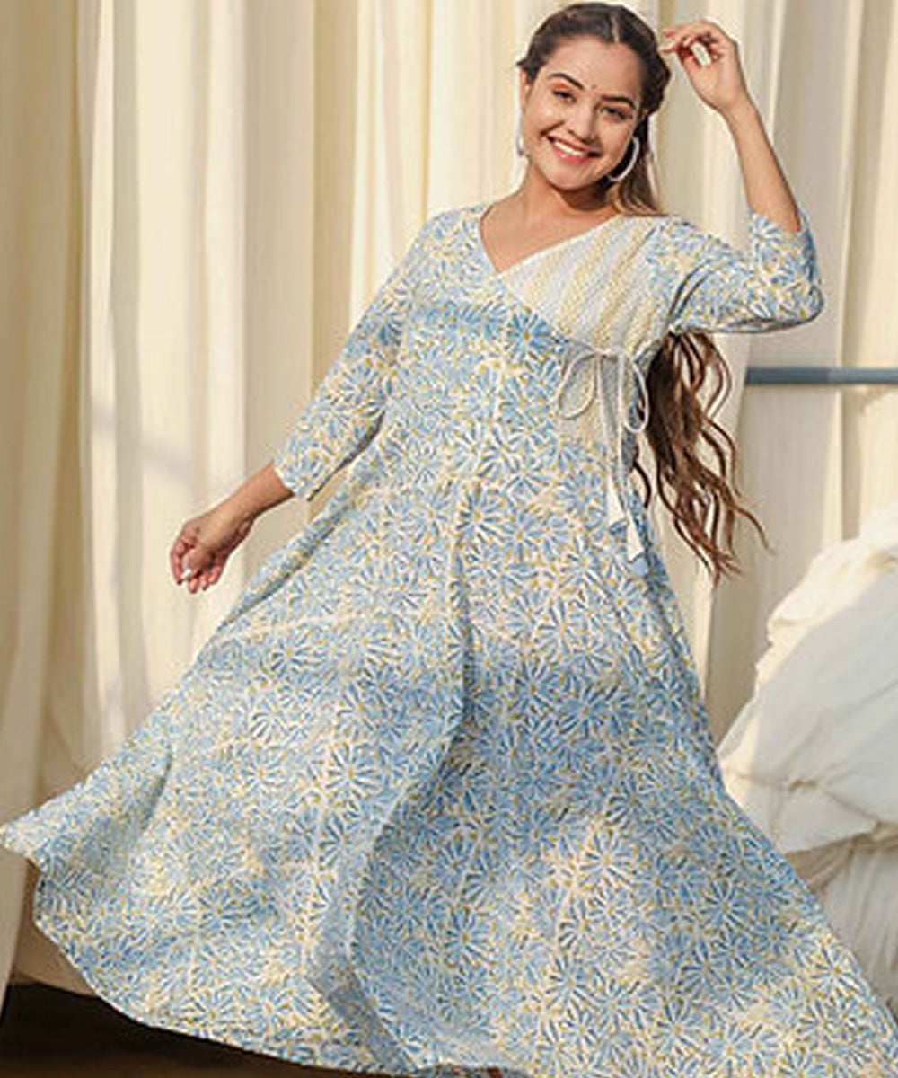 Blue floral handblock printed cotton dress