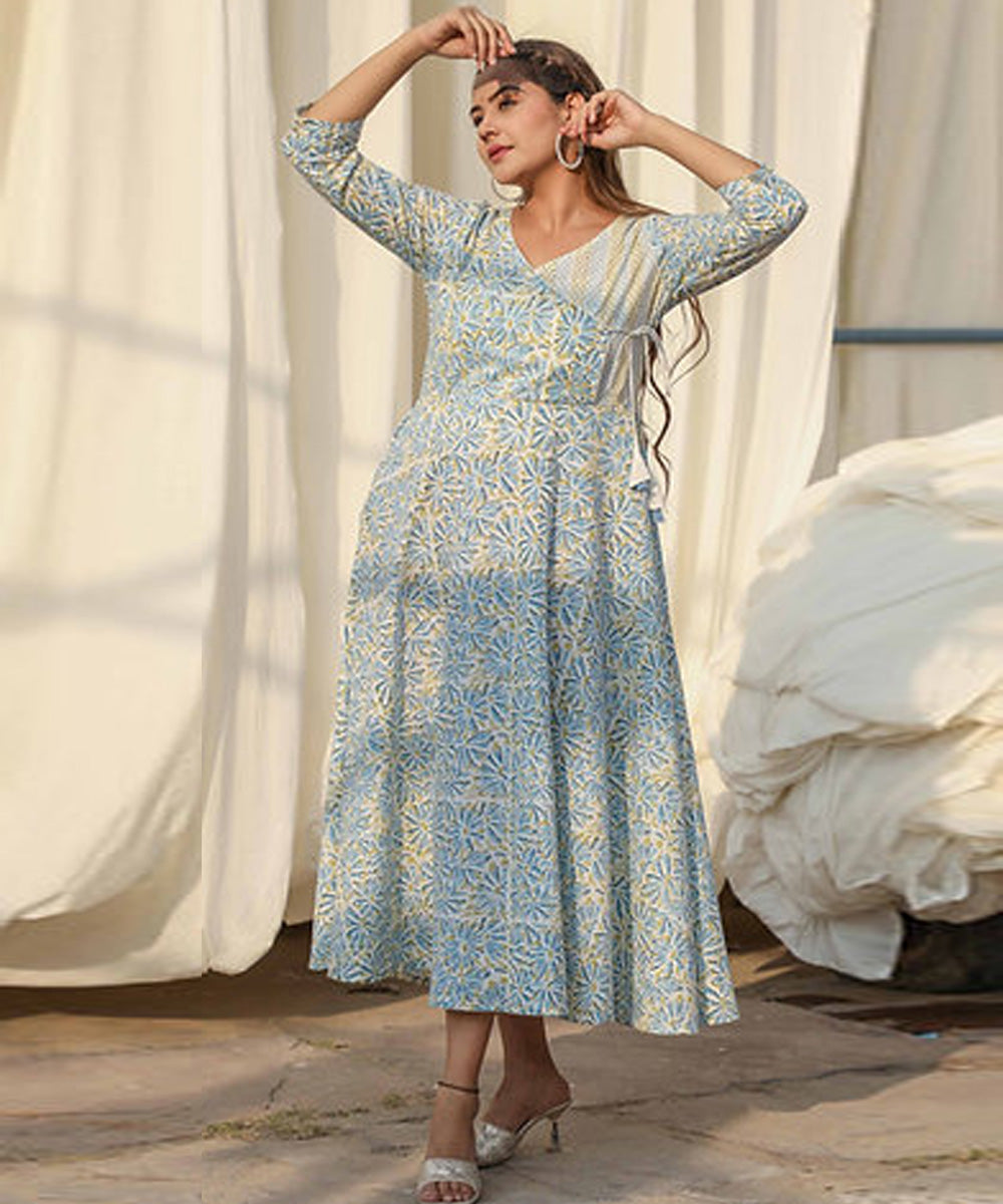Blue floral handblock printed cotton dress