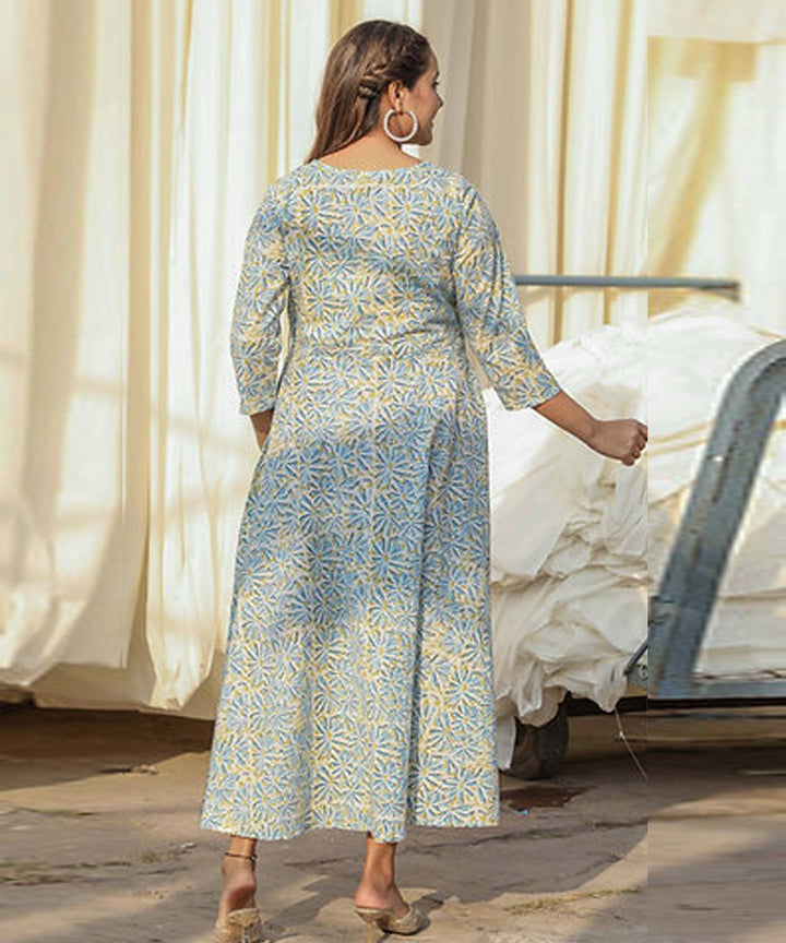 Blue floral handblock printed cotton dress
