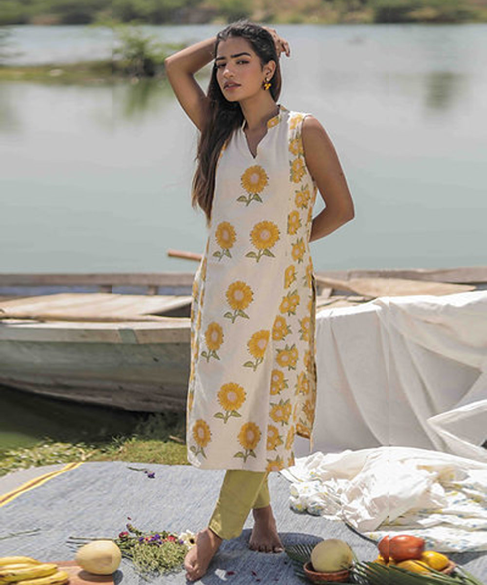 Yellow sunflower handblock printed cotton kurti