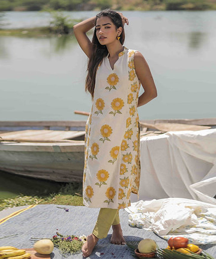Yellow sunflower handblock printed cotton kurti