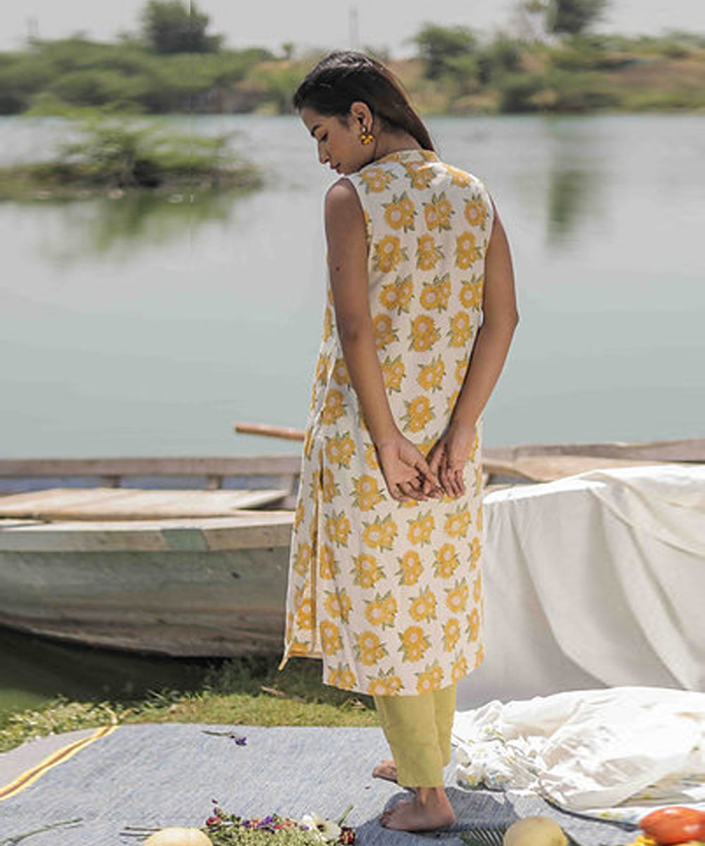 Yellow sunflower handblock printed cotton kurti