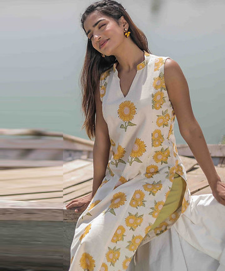 Yellow sunflower handblock printed cotton kurti