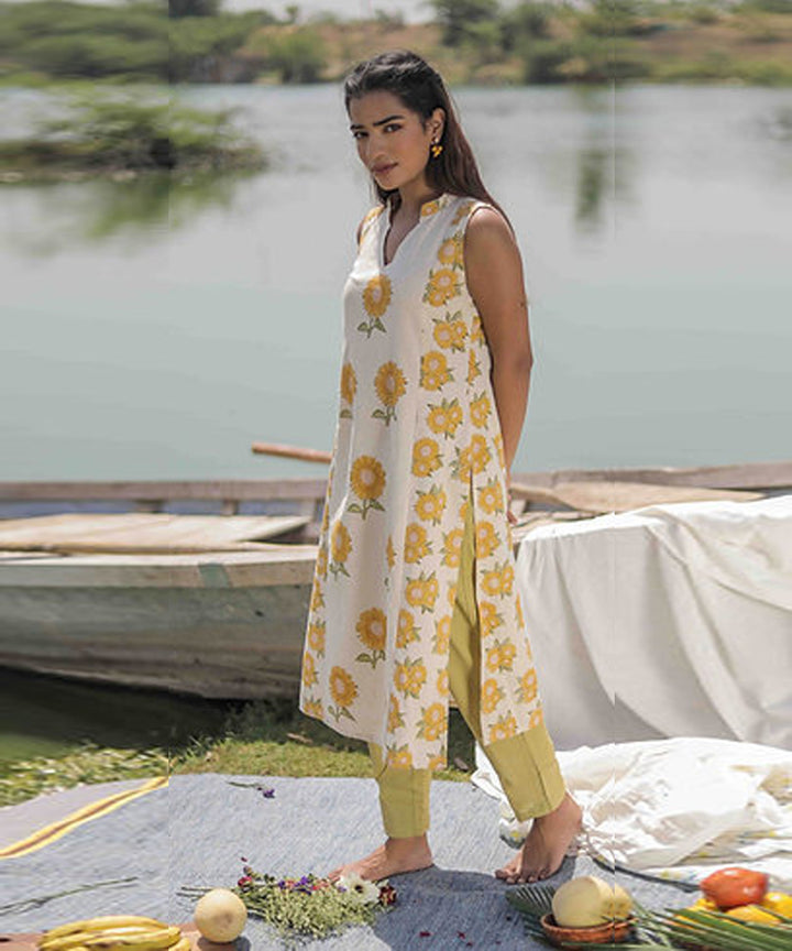 Yellow sunflower handblock printed cotton kurti