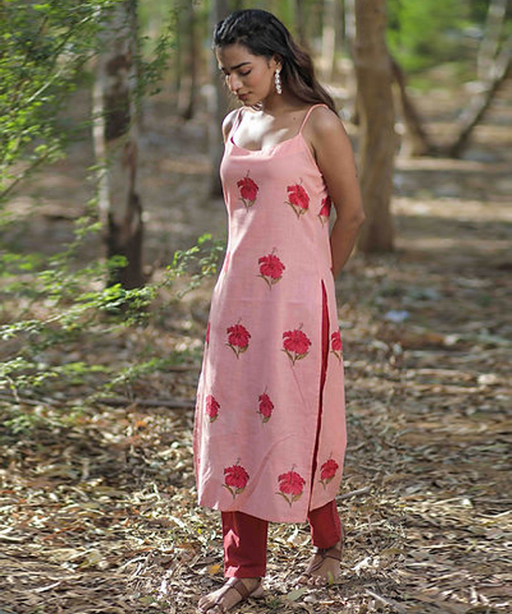 Pink hibiscus handblock printed cotton sleeveless kurti