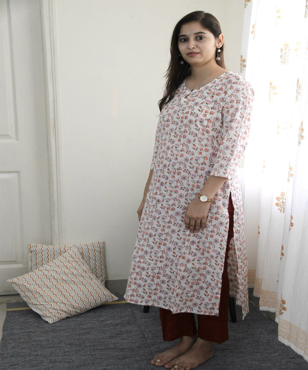 White pink handblock printed cotton kurta