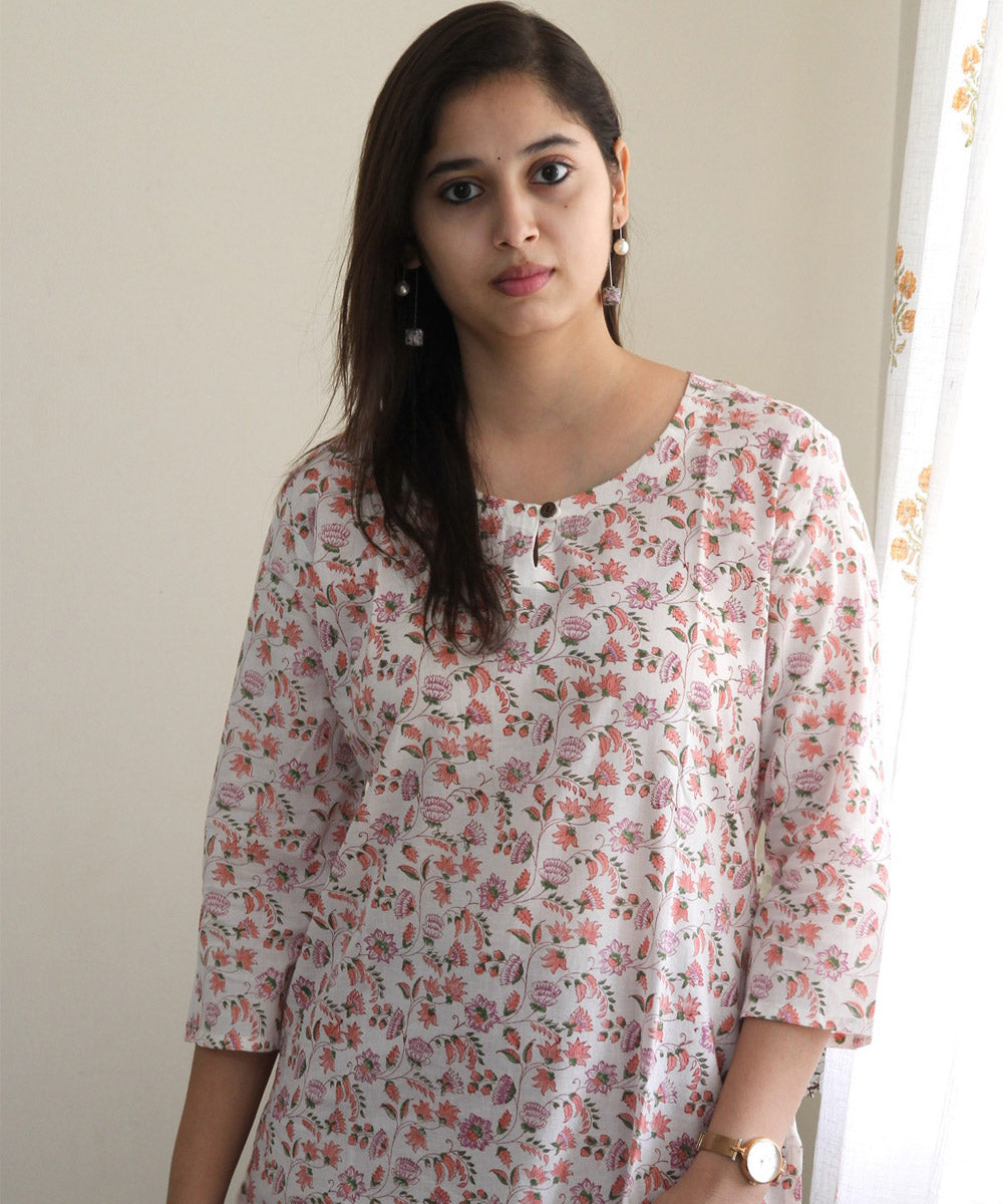 White pink handblock printed cotton kurta