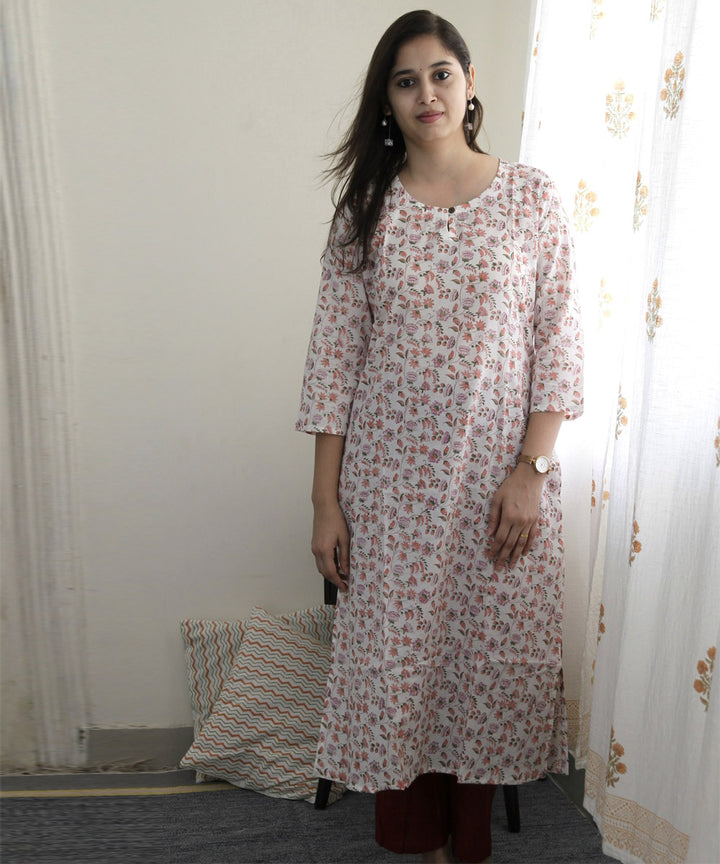 White pink handblock printed cotton kurta