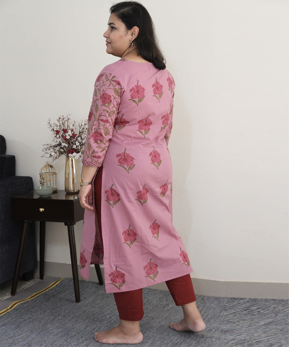 Pink handblock printed cotton floral kurta