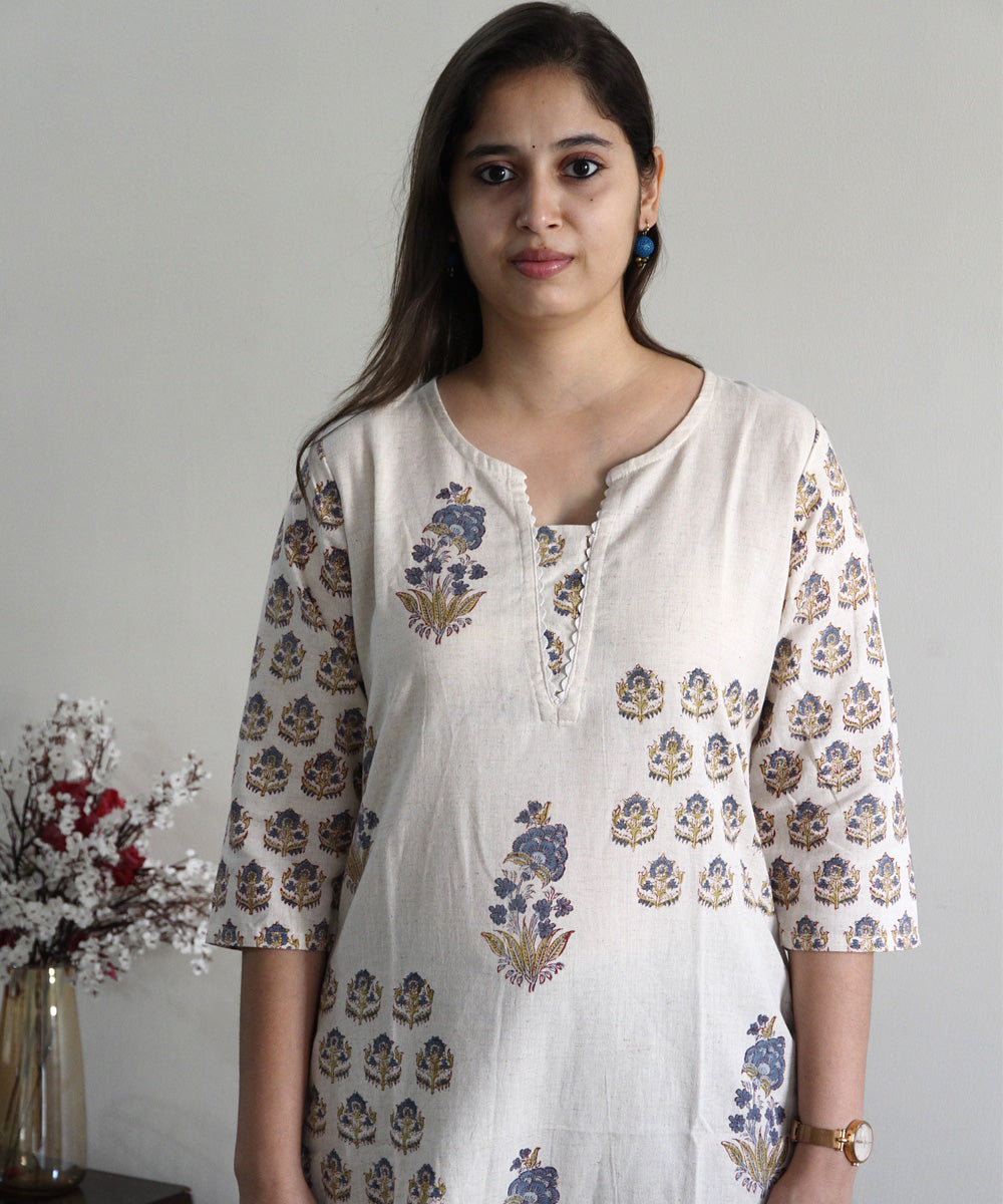 Offwhite handblock printed cotton floral kurti