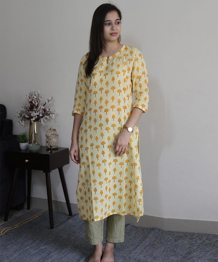 Yellow handblock printed cotton floral kurti