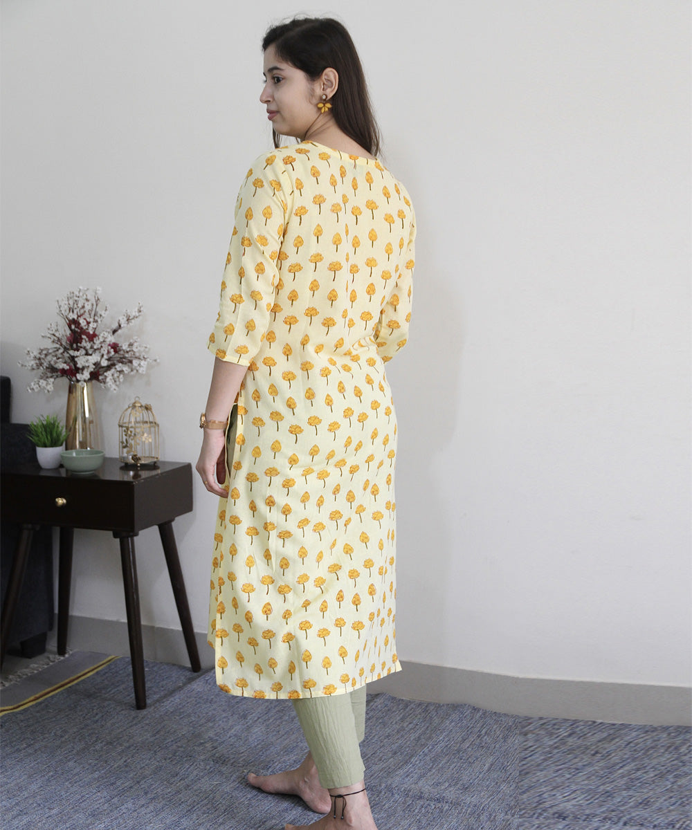 Yellow handblock printed cotton floral kurti