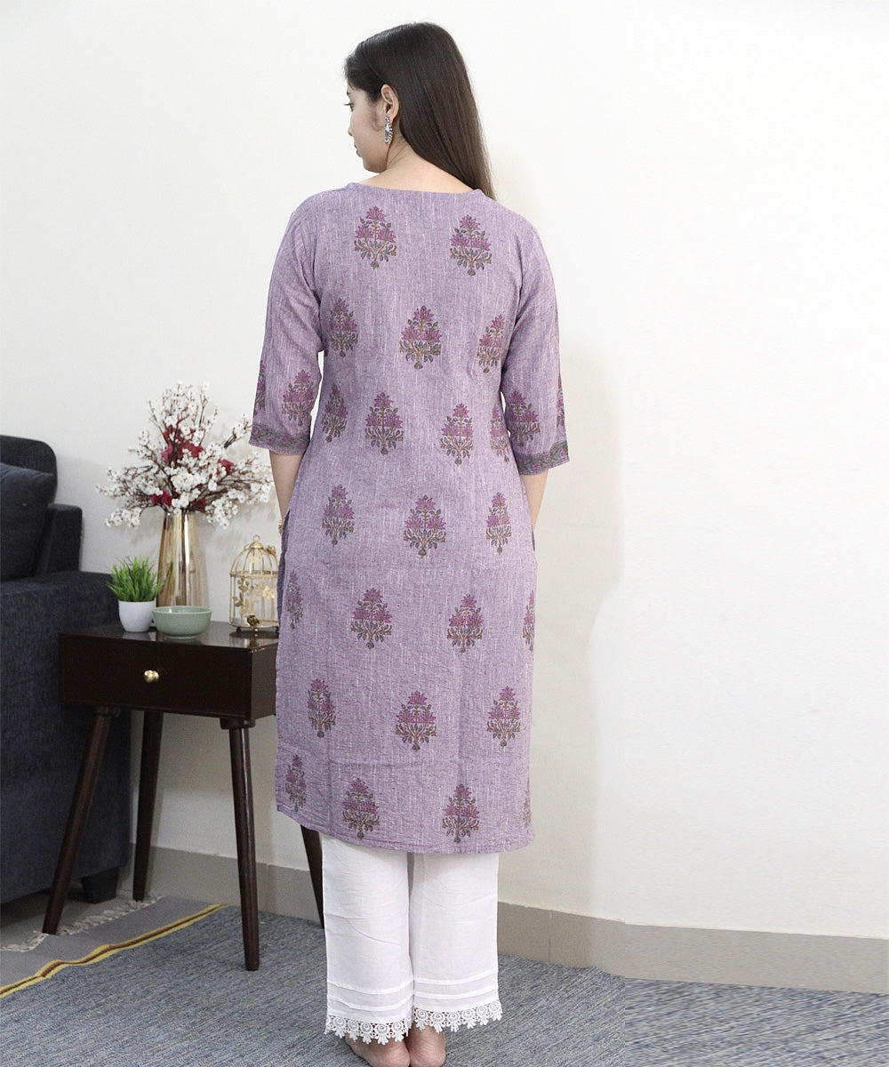 Lavender handblock printed cotton floral kurti