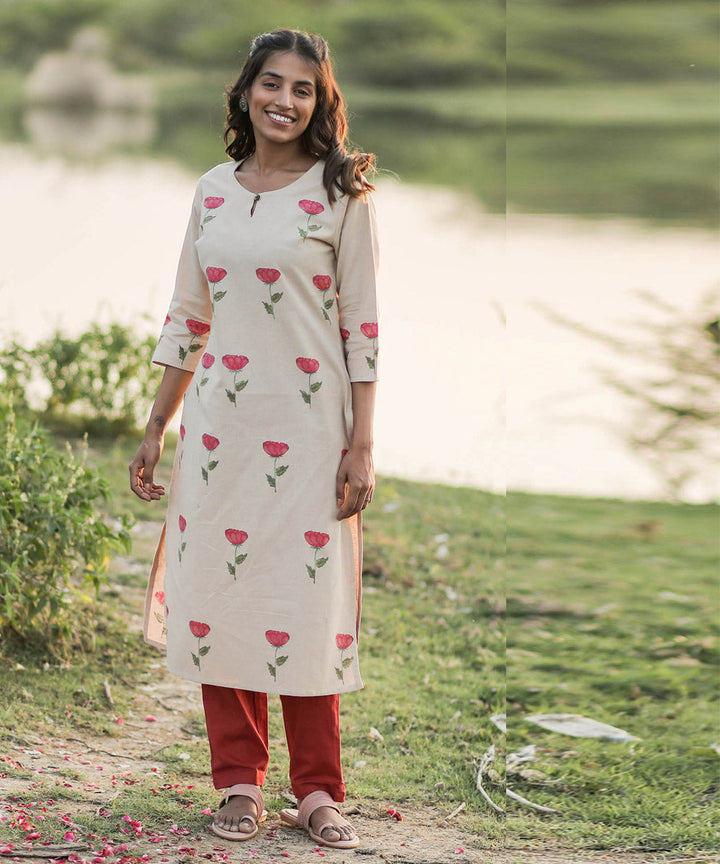 Offwhite handblock printed cotton rose floral kurti