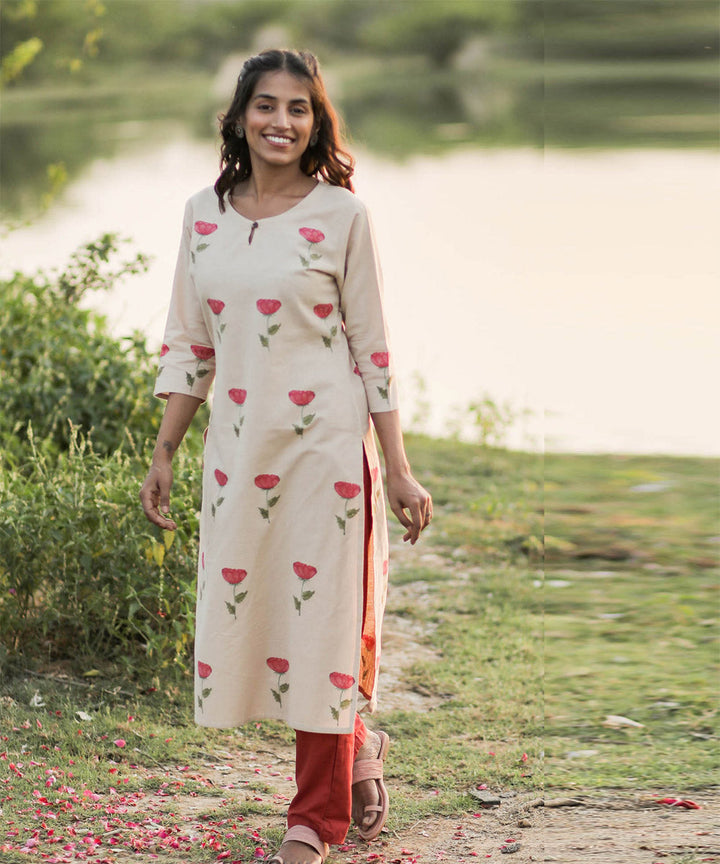 Offwhite handblock printed cotton rose floral kurti