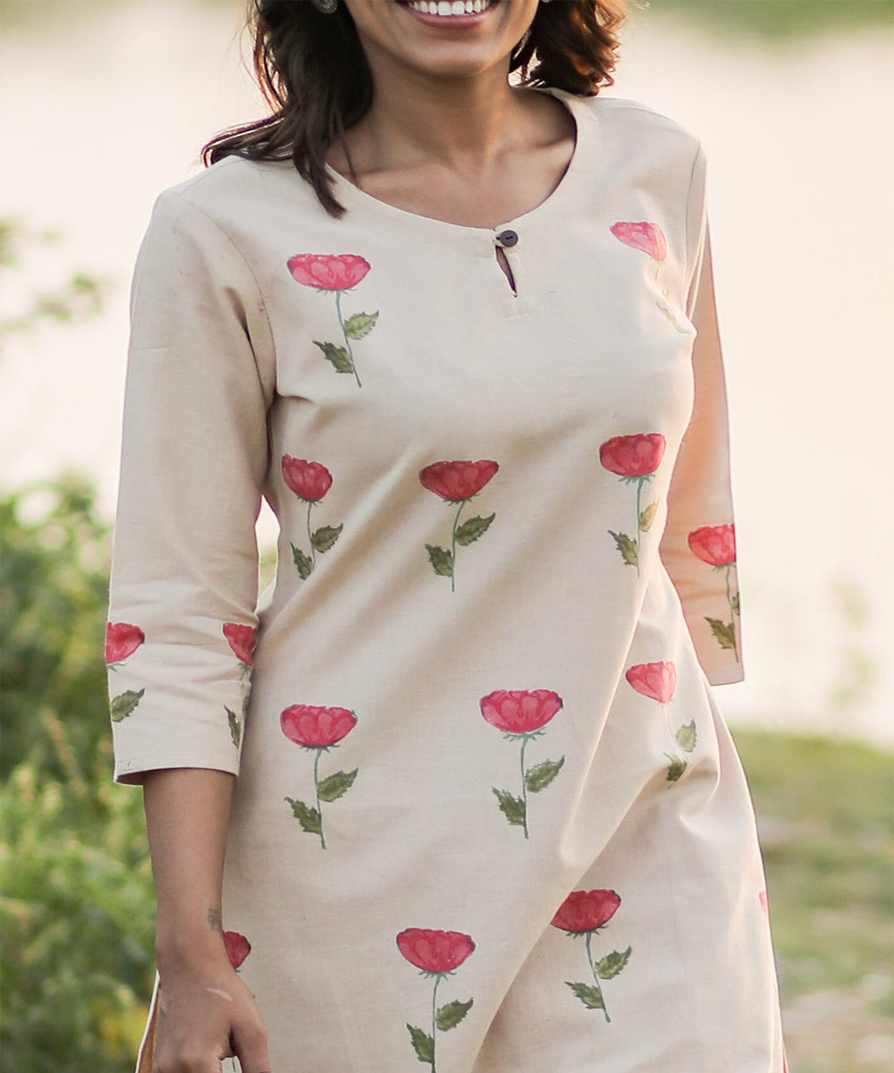 Offwhite handblock printed cotton rose floral kurti