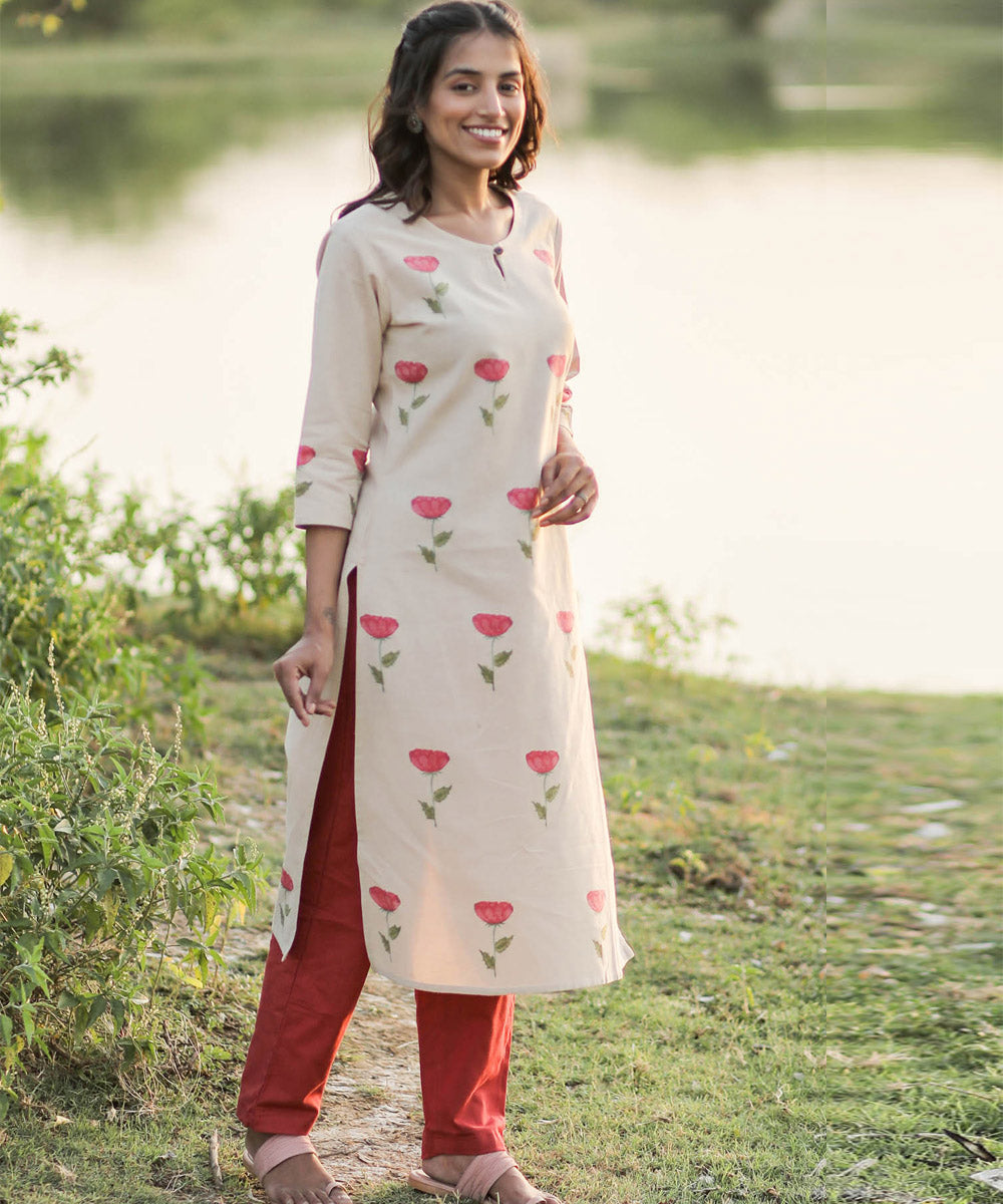 Offwhite handblock printed cotton rose floral kurti
