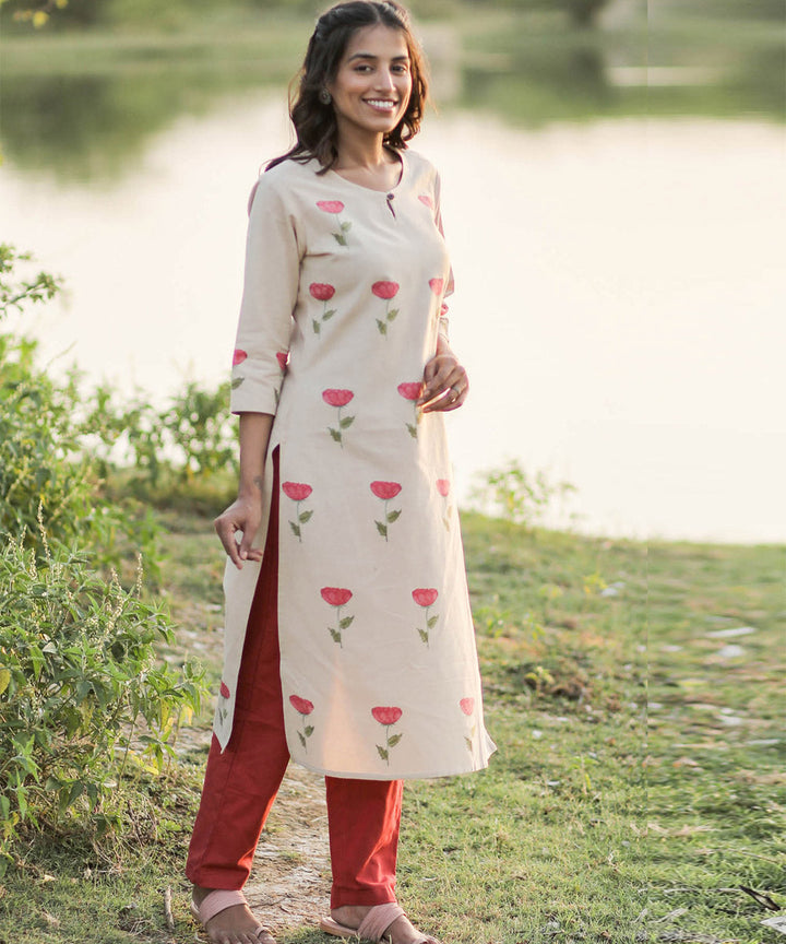 Offwhite handblock printed cotton rose floral kurti