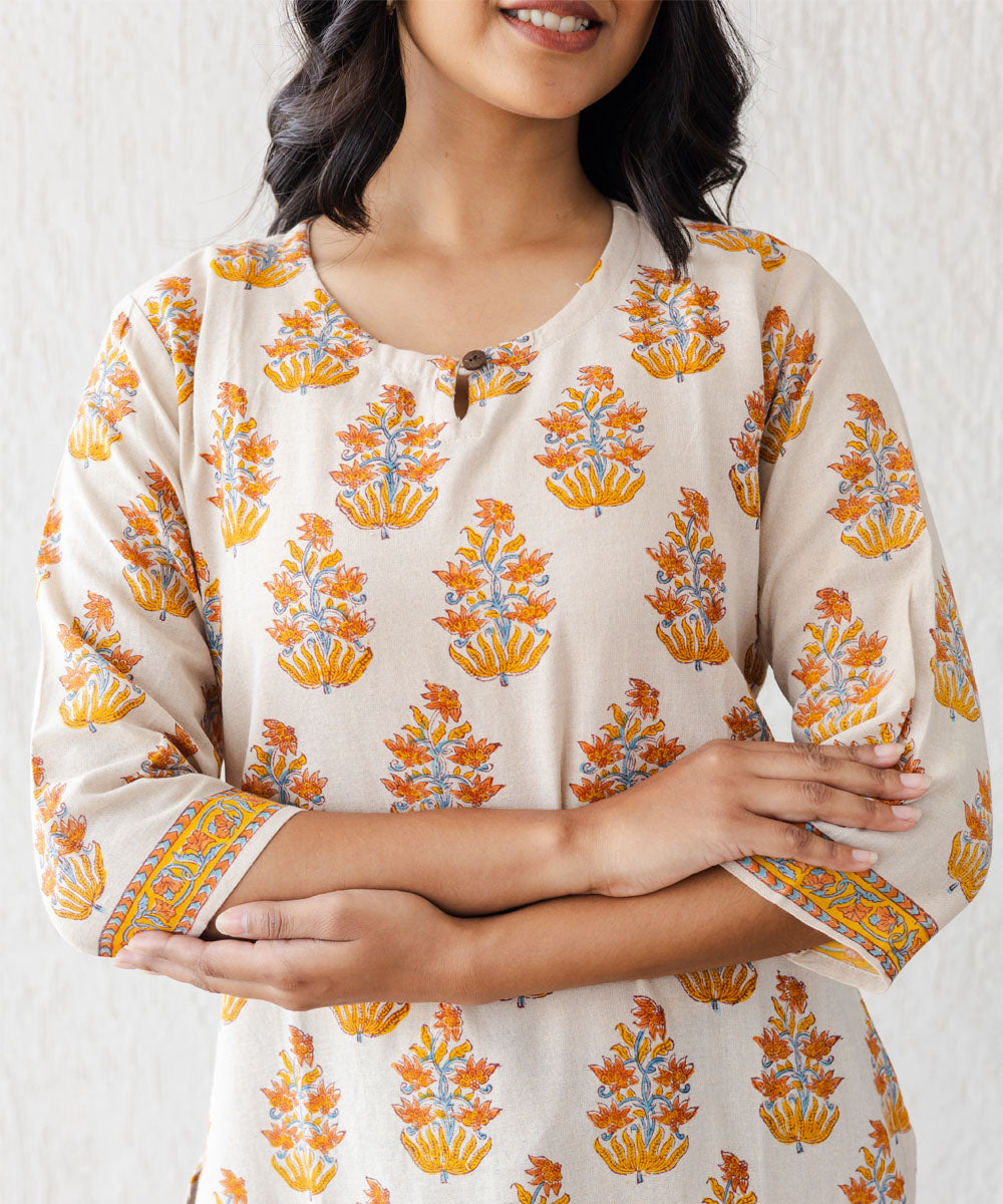 Beige mughal floral buta straight kurta