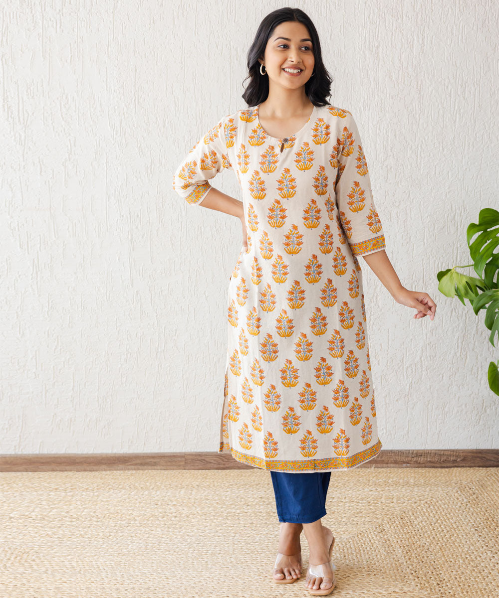 Beige mughal floral buta straight kurta