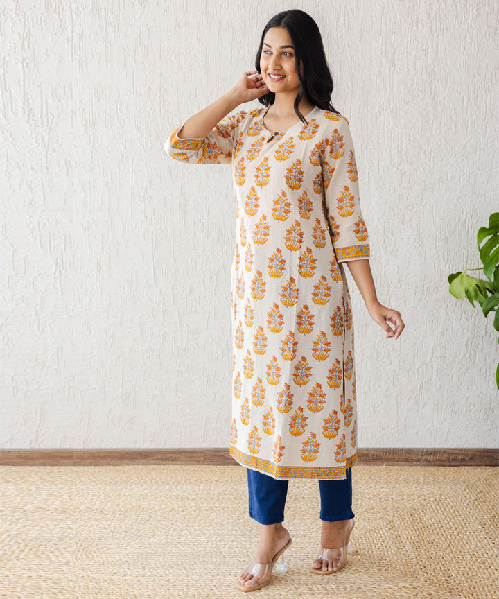 Beige mughal floral buta straight kurta