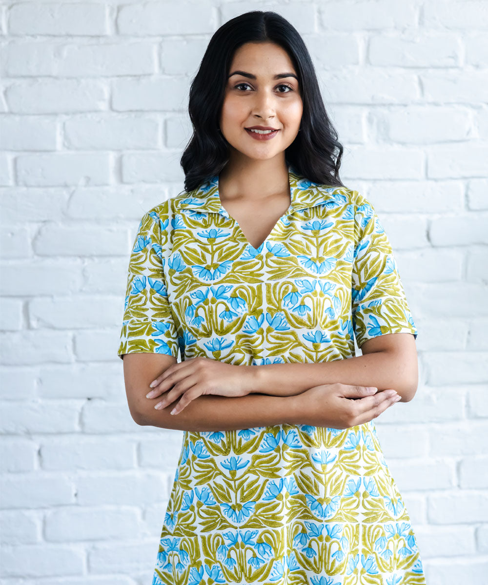 Blue and green floral hand block printed dress