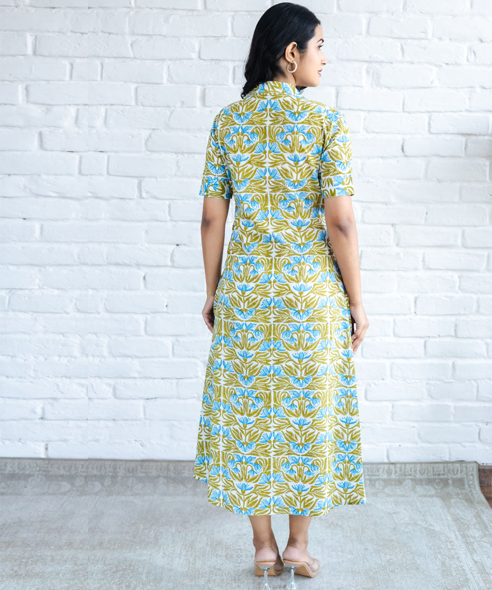 Blue and green floral hand block printed dress