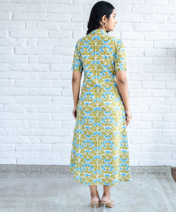 Blue and green floral hand block printed dress