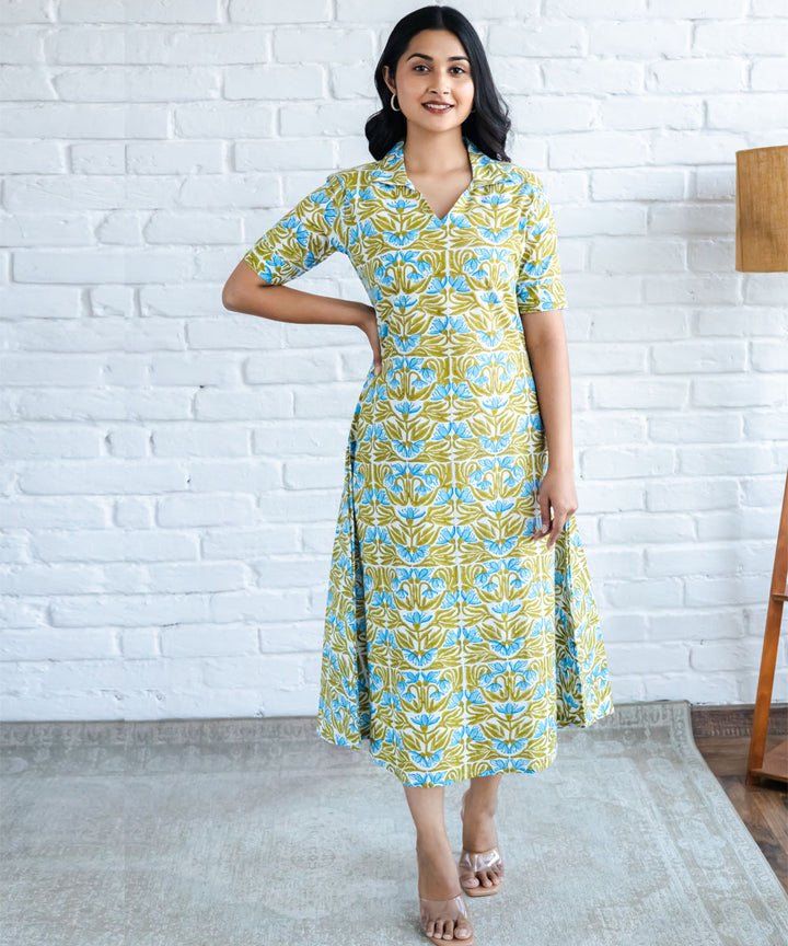 Blue and green floral hand block printed dress