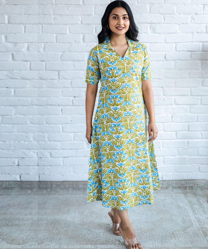 Blue and green floral hand block printed dress