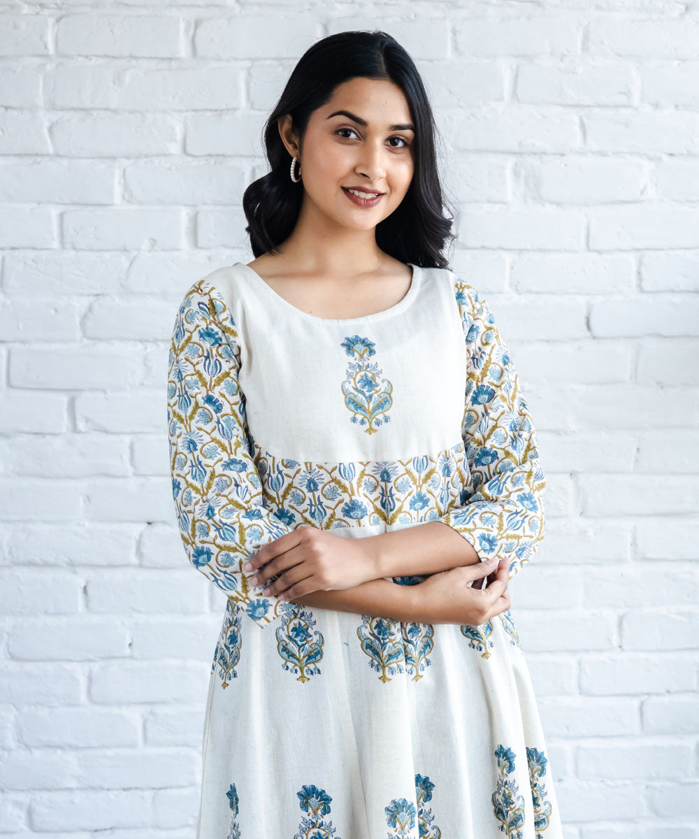 Blue floral hand block printed anarkali dress