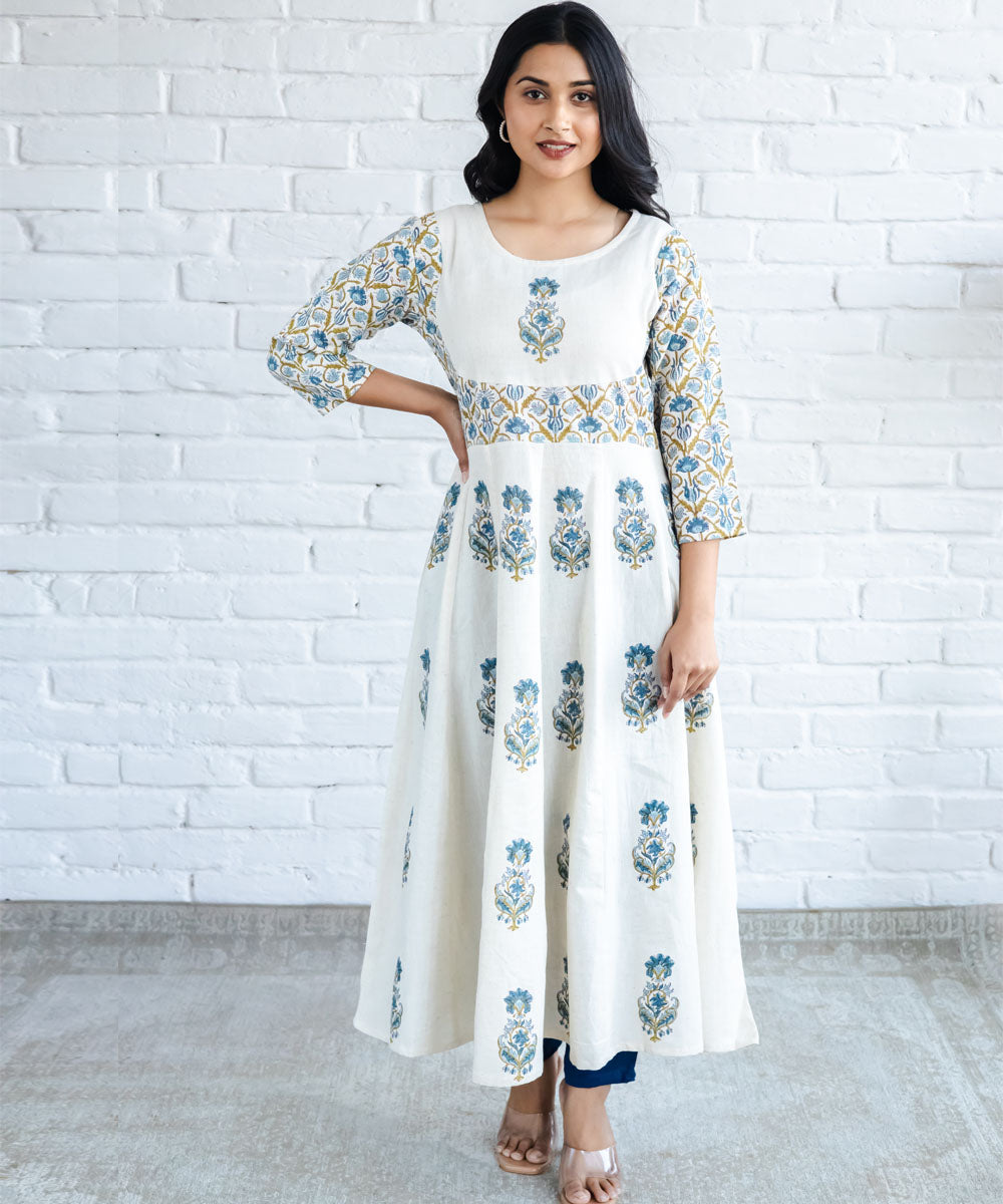 Blue floral hand block printed anarkali dress