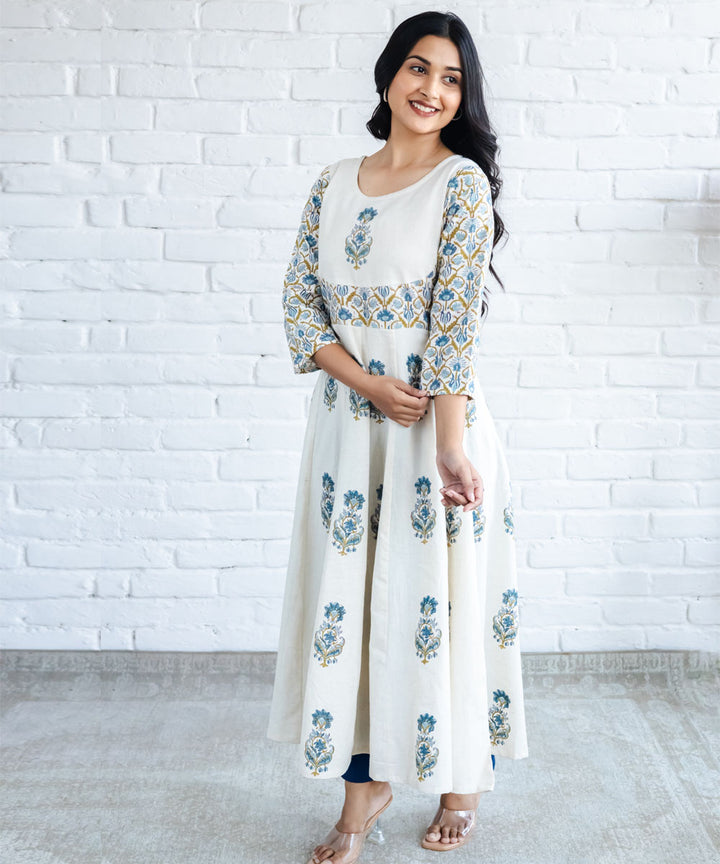 Blue floral hand block printed anarkali dress