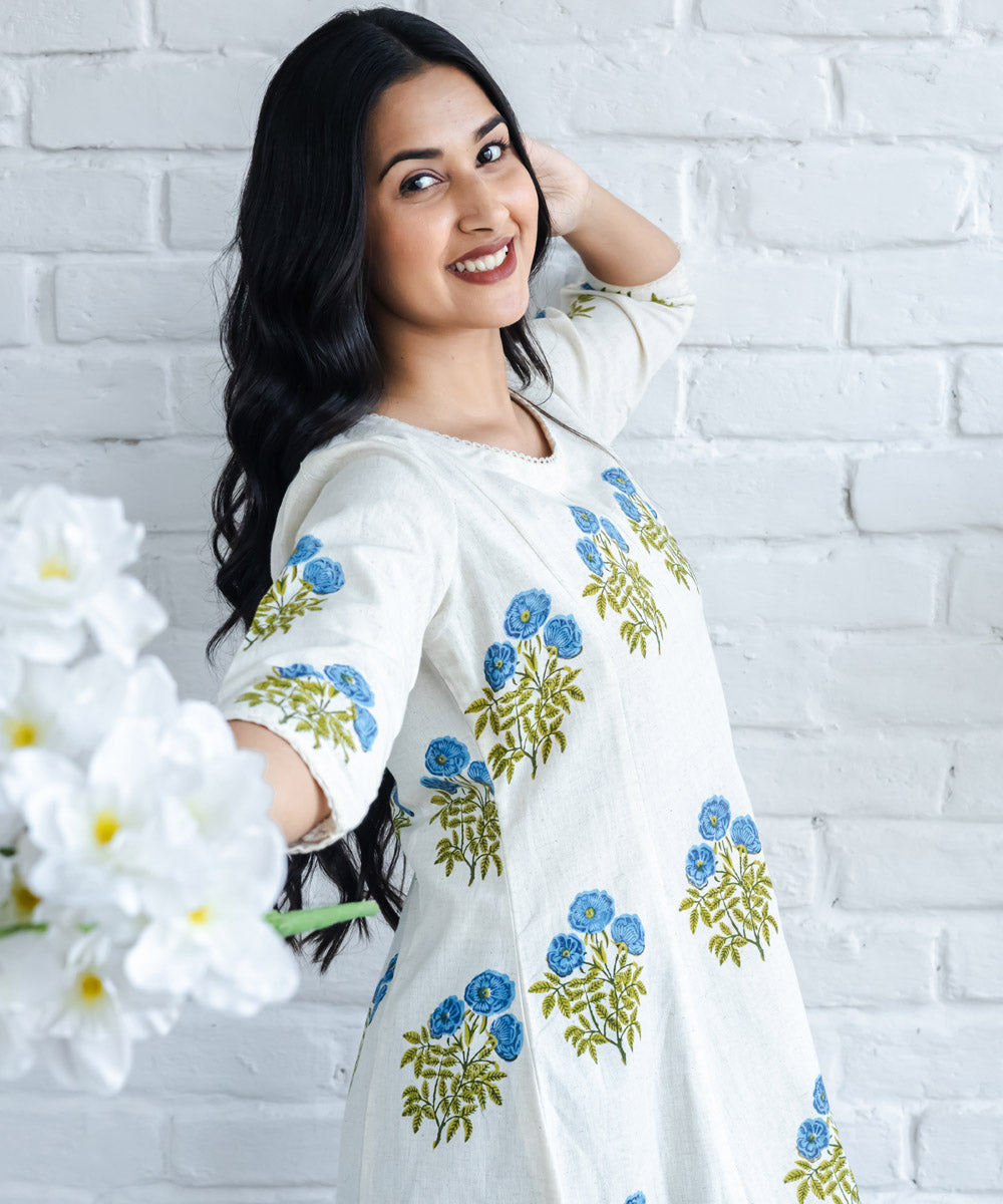 Blue floral hand block printed buta kali top