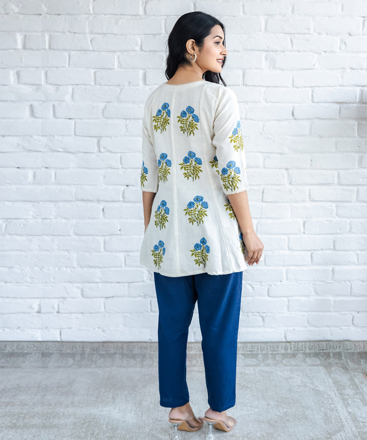 Blue floral hand block printed buta kali top