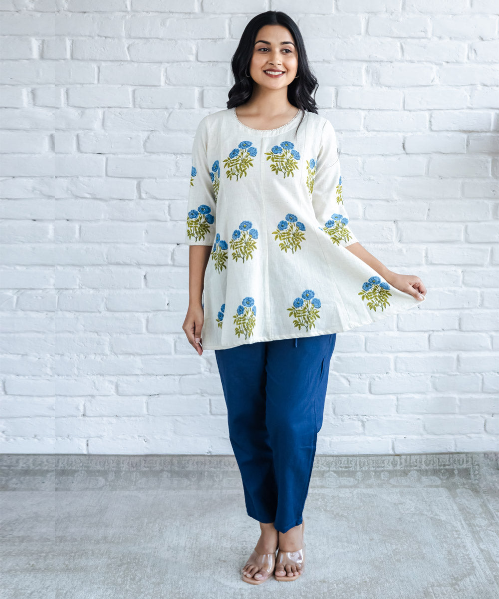 Blue floral hand block printed buta kali top