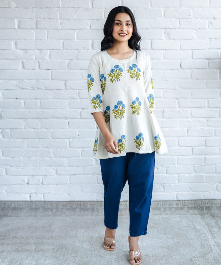 Blue floral hand block printed buta kali top