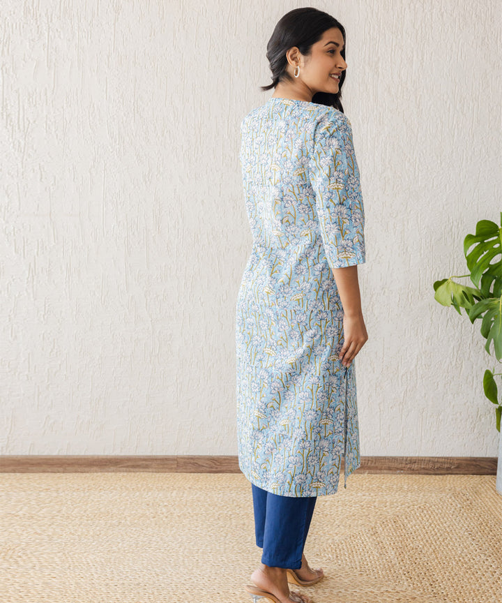 Blue lotus hand block printed straight kurta